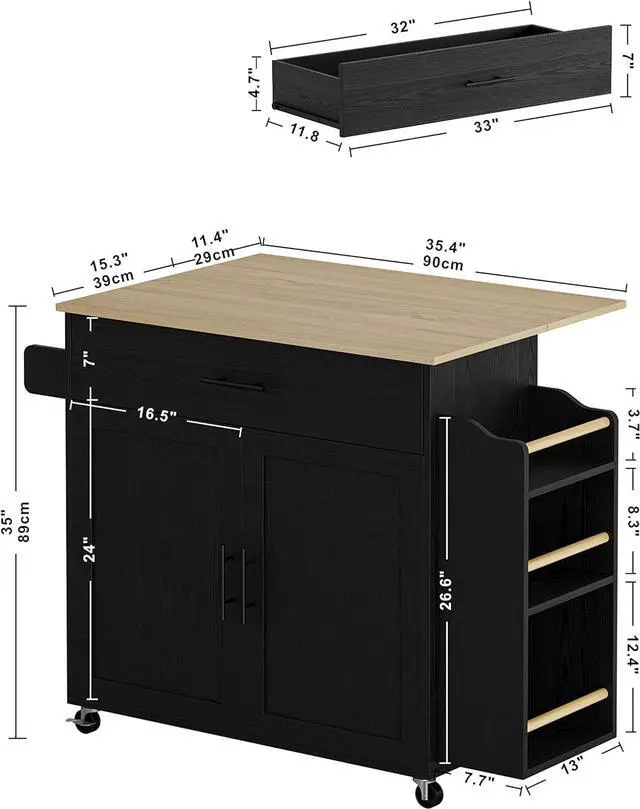 Alt view image 4 of 7 - Kitchen Island with Storage, Rolling Kitchen Island on Wheels with Drop Leaf, Charging Station, 3 Open Spice Rack, Cabinet, Drawer, Kitchen Cart Island Table for Kitchen, Black