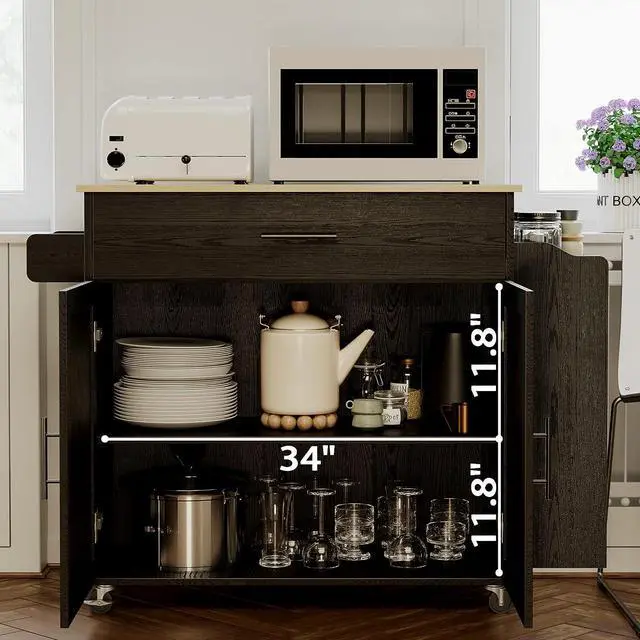 Alt view image 3 of 7 - Kitchen Island with Storage, Rolling Kitchen Island on Wheels with Drop Leaf, Charging Station, 3 Open Spice Rack, Cabinet, Drawer, Kitchen Cart Island Table for Kitchen, Black