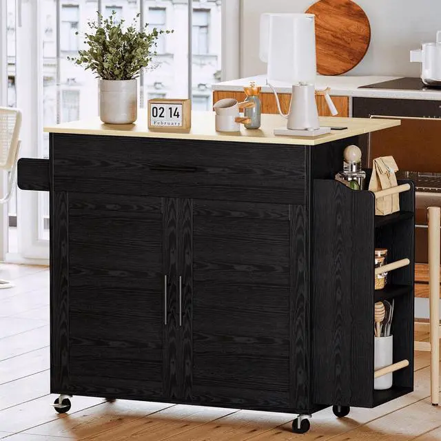 Alt view image 2 of 7 - Kitchen Island with Storage, Rolling Kitchen Island on Wheels with Drop Leaf, Charging Station, 3 Open Spice Rack, Cabinet, Drawer, Kitchen Cart Island Table for Kitchen, Black