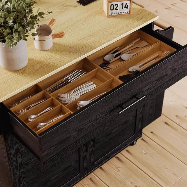 Alt view image 6 of 7 - Kitchen Island with Storage, Rolling Kitchen Island on Wheels with Drop Leaf, Charging Station, 3 Open Spice Rack, Cabinet, Drawer, Kitchen Cart Island Table for Kitchen, Black
