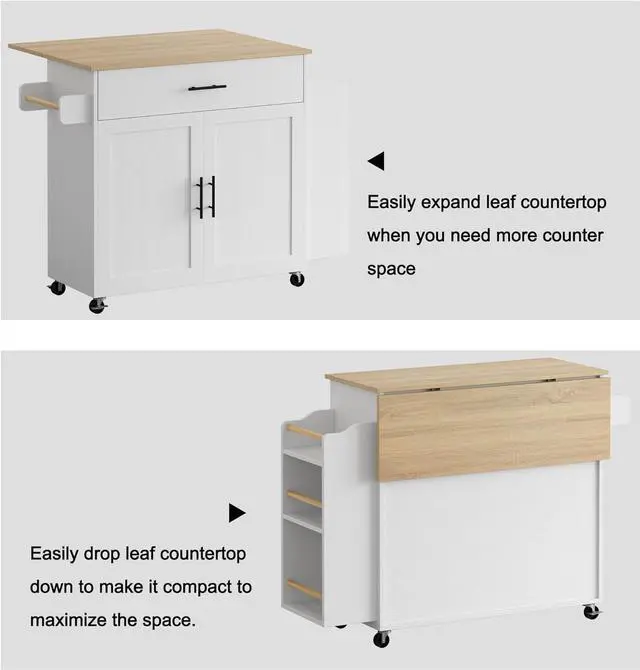 Alt view image 3 of 7 - Kitchen Island with Storage, Rolling Kitchen Island on Wheels with Drop Leaf, 3 Open Spice Rack Shelf, Door Cabinet, Drawer, Kitchen Cart Island Table for Kitchen, White