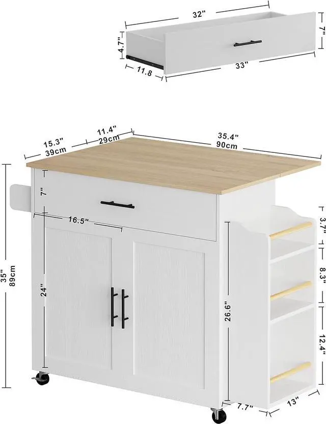 Alt view image 5 of 7 - Kitchen Island with Storage, Rolling Kitchen Island on Wheels with Drop Leaf, 3 Open Spice Rack Shelf, Door Cabinet, Drawer, Kitchen Cart Island Table for Kitchen, White