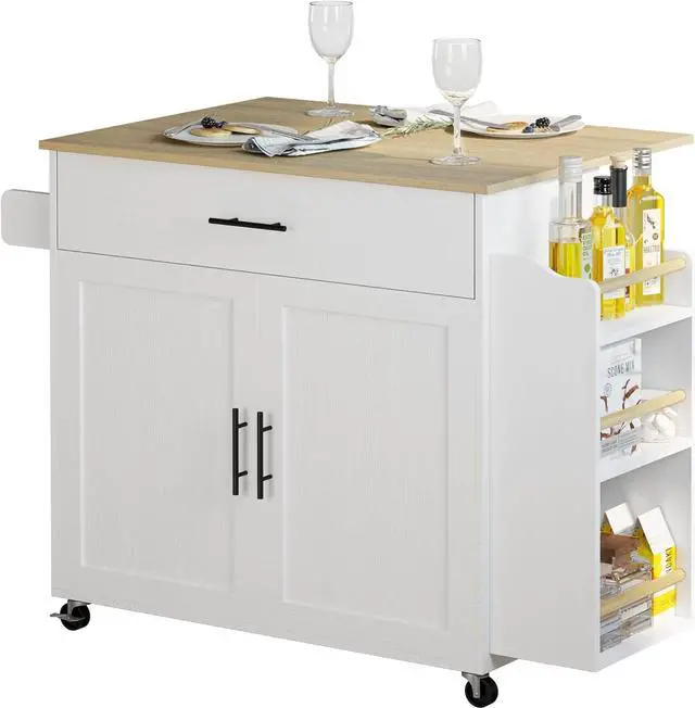 Main image of Kitchen Island with Storage, Rolling Kitchen Island on Wheels with Drop Leaf, 3 Open Spice Rack Shelf, Door Cabinet, Drawer, Kitchen Cart Island Table for Kitchen, White