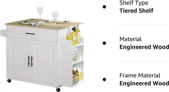 Alt view image 7 of 7 - Kitchen Island with Storage, Rolling Kitchen Island on Wheels with Drop Leaf, 3 Open Spice Rack Shelf, Door Cabinet, Drawer, Kitchen Cart Island Table for Kitchen, White