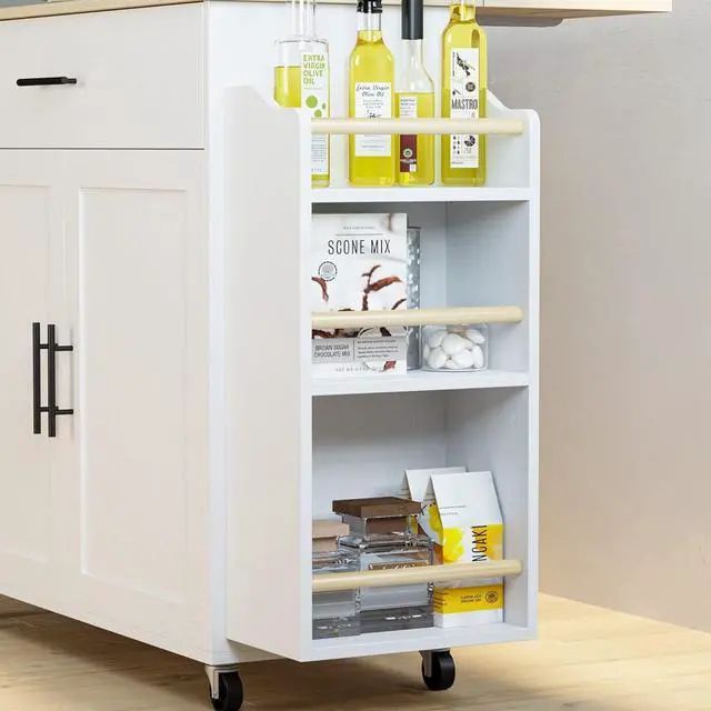 Alt view image 4 of 7 - Kitchen Island with Storage, Rolling Kitchen Island on Wheels with Drop Leaf, 3 Open Spice Rack Shelf, Door Cabinet, Drawer, Kitchen Cart Island Table for Kitchen, White