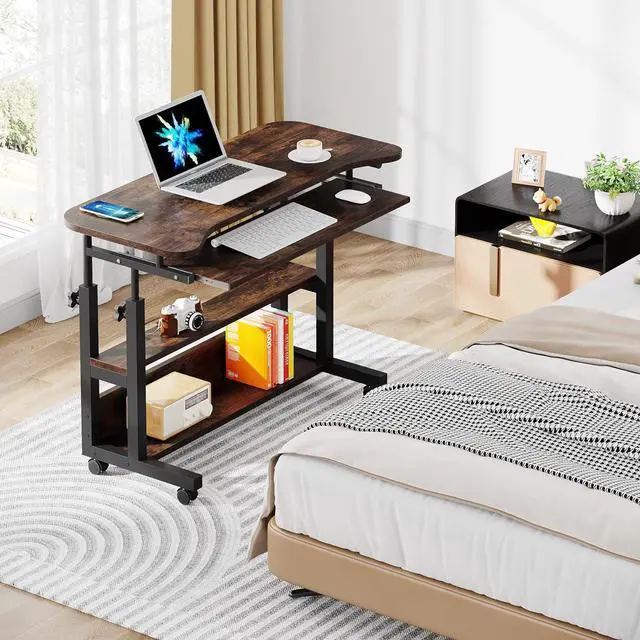 Alt view image 4 of 7 - Portable Desk with Wireless Charging Station, Height Adjustable Side Table Sofa Couch Bedside Laptop Computer Cart with USB Ports, Mobile Small Standing Desk with Keyboard Tray