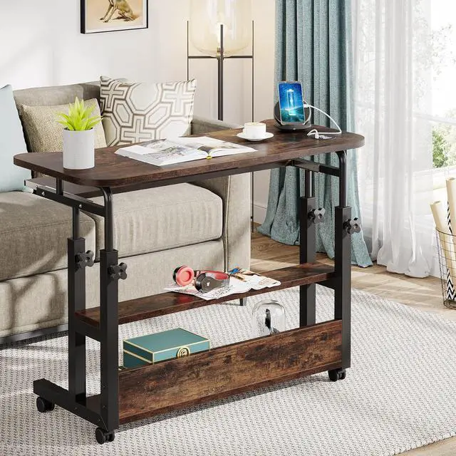 Alt view image 3 of 7 - Portable Desk with Wireless Charging Station, Height Adjustable Side Table Sofa Couch Bedside Laptop Computer Cart with USB Ports, Mobile Small Standing Desk with Keyboard Tray