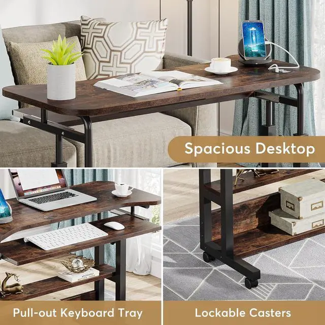 Alt view image 7 of 7 - Portable Desk with Wireless Charging Station, Height Adjustable Side Table Sofa Couch Bedside Laptop Computer Cart with USB Ports, Mobile Small Standing Desk with Keyboard Tray