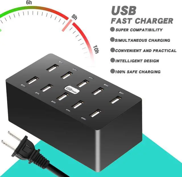 Alt view image 5 of 7 - 10 Ports Wall Charger, 50W 10-Port Family-Sized Desktop USB Rapid Charger,Multiple Charging Station,Compatible with Smartphones and Other USB Charging Devices