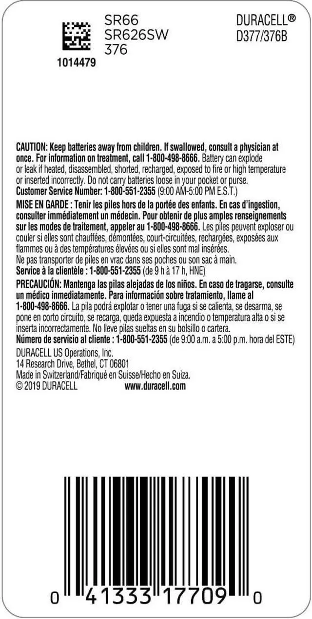 Alt view image 2 of 6 - 376/377 Silver Oxide Button Battery, 2 Count Pack, 376/377 1.5 Volt Battery, Long-Lasting for Watches, Medical Devices, Calculators, and More