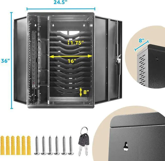 Alt view image 3 of 7 - Fully Assembled Wall Mount Tablet Charging Station,Locking Security Cabinet Charges 12 Devices,Compatible with Tablets & Chromebooks,Charging Cart for School, Office, Healthcare (Black/25 x 36)
