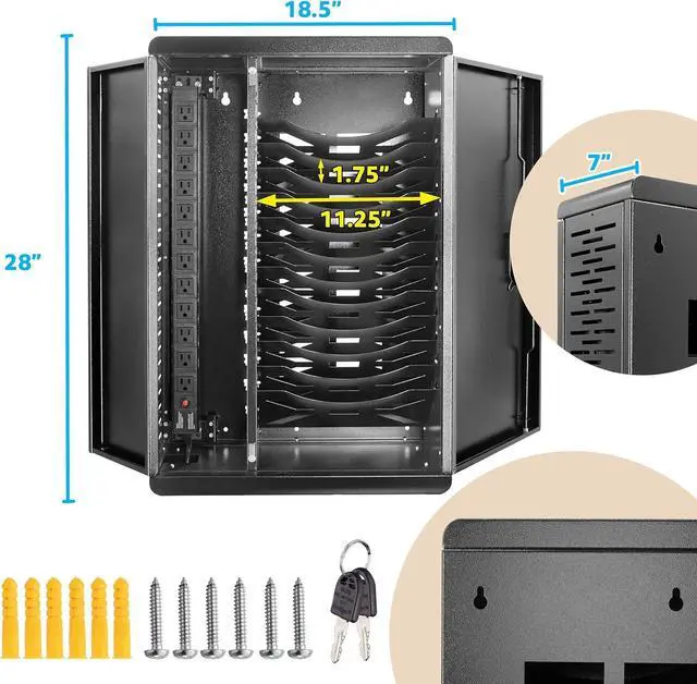 Alt view image 2 of 7 - Fully Assembled Wall Mount Tablet Charging Station,Locking Security Cabinet Charges 12 Devices,Compatible with Tablets & Chromebooks,Charging Cart for School, Office, Healthcare (Black/18 x 28)