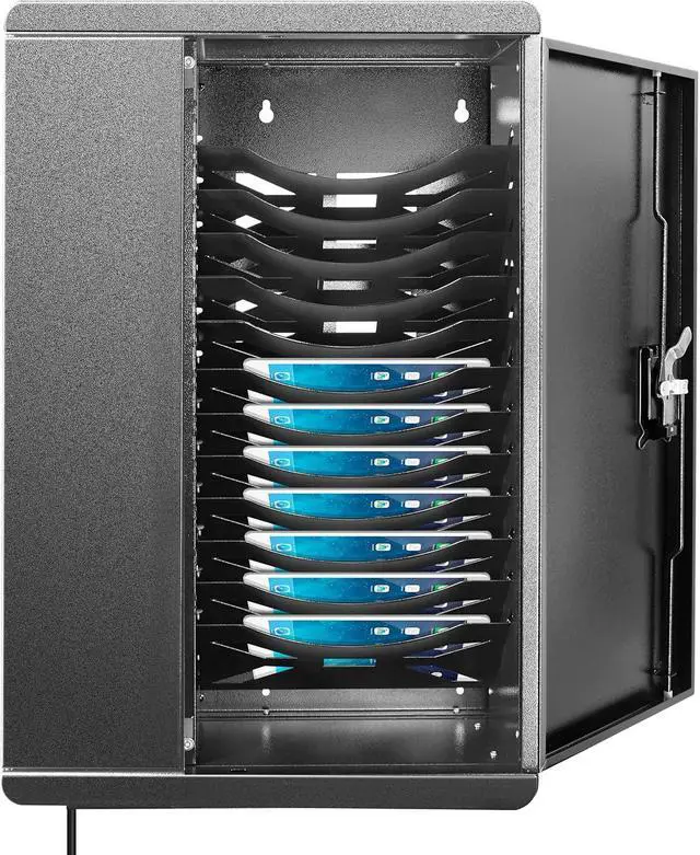 Main image of Fully Assembled Wall Mount Tablet Charging Station,Locking Security Cabinet Charges 12 Devices,Compatible with Tablets & Chromebooks,Charging Cart for School, Office, Healthcare (Black/18 x 28)