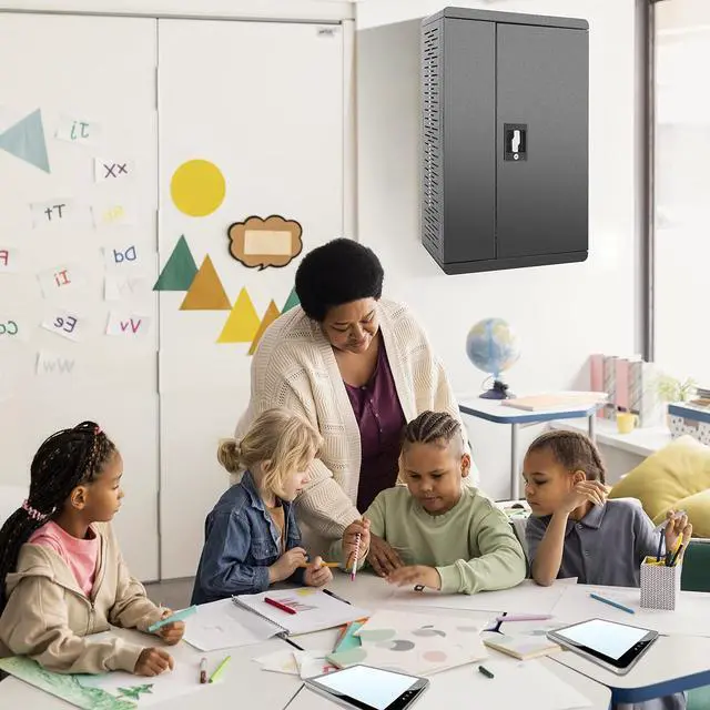 Alt view image 7 of 7 - Fully Assembled Wall Mount Tablet Charging Station,Locking Security Cabinet Charges 12 Devices,Compatible with Tablets & Chromebooks,Charging Cart for School, Office, Healthcare (Black/18 x 28)