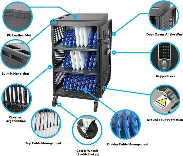 Alt view image 5 of 7 - Fully Assembled 30 Unit Device Charging Station for Chromebook, iPad, 14'' Laptop - Pre Built Charging Cart with Charger Cable Management, Circuit Breaker, Grounding Protection (Black)