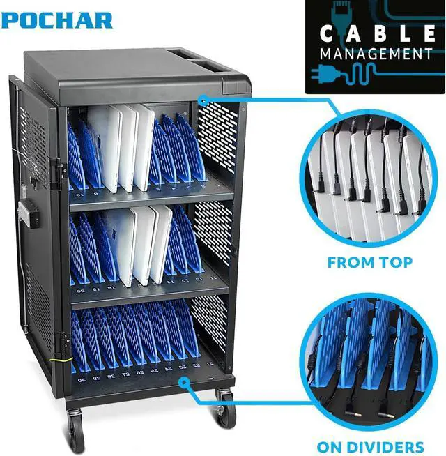 Alt view image 4 of 7 - Fully Assembled 30 Unit Device Charging Station for Chromebook, iPad, 14'' Laptop - Pre Built Charging Cart with Charger Cable Management, Circuit Breaker, Grounding Protection (Black)