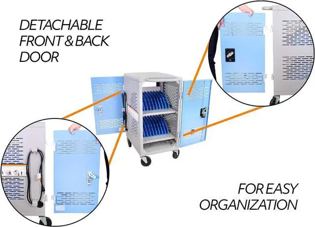 Alt view image 6 of 7 - Fully Assembled Charging Cart for 20 Tablets/Laptops up to 14'' Screensize and 1'' Thick - Includes Cable Management Dividers, Cable Clips, Storage Compartment, and Removable Doors (Gray)