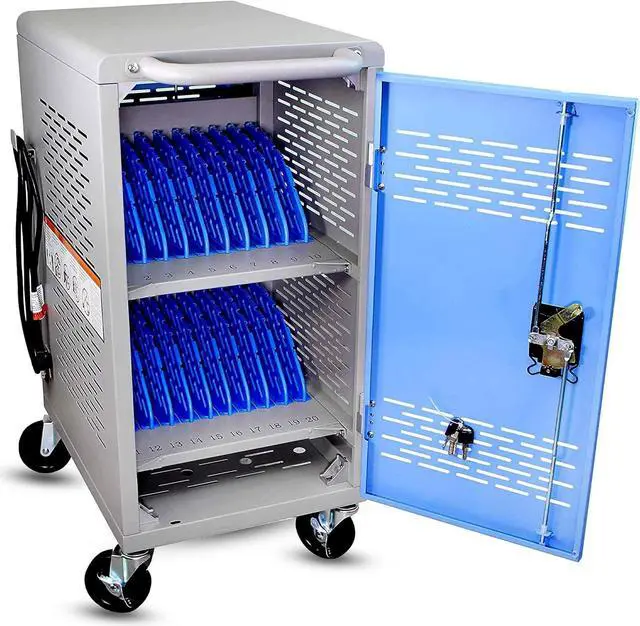 Main image of Fully Assembled Charging Cart for 20 Tablets/Laptops up to 14'' Screensize and 1'' Thick - Includes Cable Management Dividers, Cable Clips, Storage Compartment, and Removable Doors (Gray)