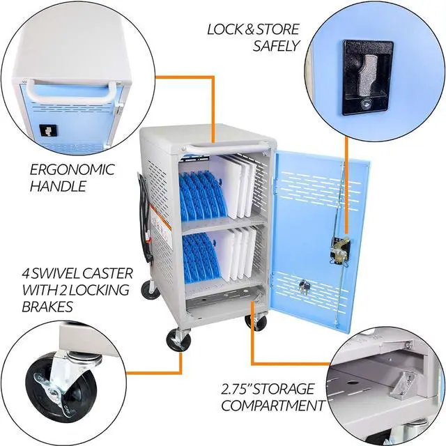 Alt view image 4 of 7 - Fully Assembled Charging Cart for 20 Tablets/Laptops up to 14'' Screensize and 1'' Thick - Includes Cable Management Dividers, Cable Clips, Storage Compartment, and Removable Doors (Gray)