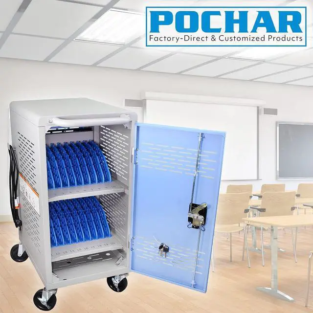 Alt view image 3 of 7 - Fully Assembled Charging Cart for 20 Tablets/Laptops up to 14'' Screensize and 1'' Thick - Includes Cable Management Dividers, Cable Clips, Storage Compartment, and Removable Doors (Gray)