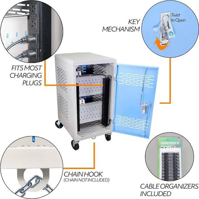 Alt view image 5 of 7 - Fully Assembled Charging Cart for 20 Tablets/Laptops up to 14'' Screensize and 1'' Thick - Includes Cable Management Dividers, Cable Clips, Storage Compartment, and Removable Doors (Gray)