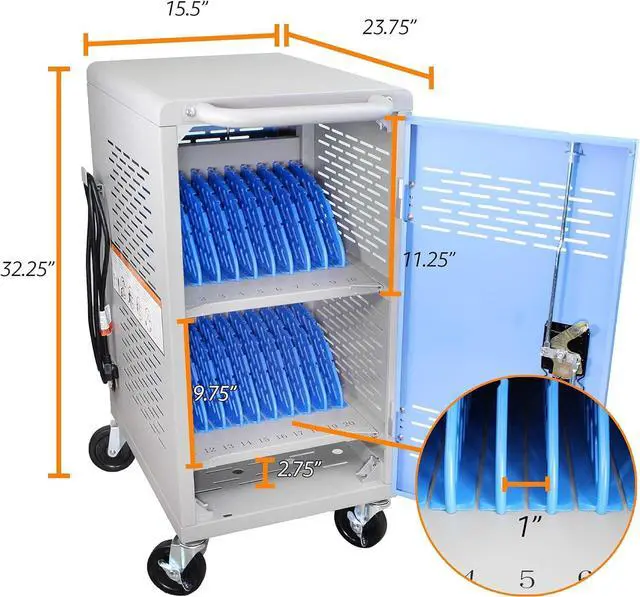 Alt view image 2 of 7 - Fully Assembled Charging Cart for 20 Tablets/Laptops up to 14'' Screensize and 1'' Thick - Includes Cable Management Dividers, Cable Clips, Storage Compartment, and Removable Doors (Gray)