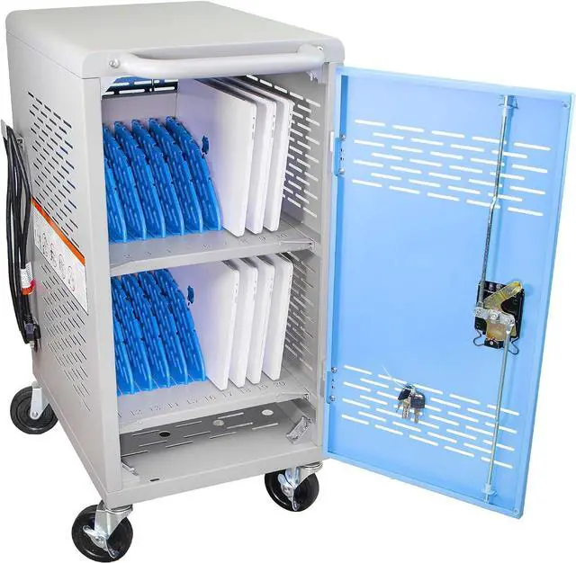 Alt view image 7 of 7 - Fully Assembled Charging Cart for 20 Tablets/Laptops up to 14'' Screensize and 1'' Thick - Includes Cable Management Dividers, Cable Clips, Storage Compartment, and Removable Doors (Gray)
