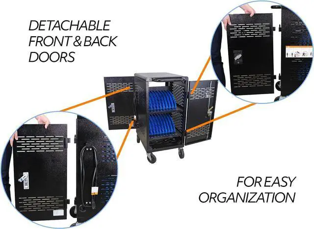 Alt view image 5 of 7 - Fully Assembled Charging Cart for 20 Tablets/Laptops up to 14'' Screensize and 1'' Thick - Includes Cable Management Dividers, Cable Clips, Storage Compartment, and Removable Doors (Black)