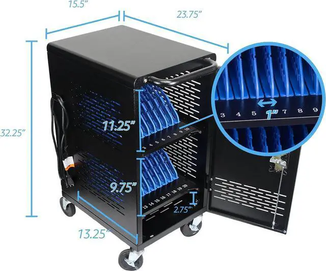 Alt view image 2 of 7 - Fully Assembled Charging Cart for 20 Tablets/Laptops up to 14'' Screensize and 1'' Thick - Includes Cable Management Dividers, Cable Clips, Storage Compartment, and Removable Doors (Black)