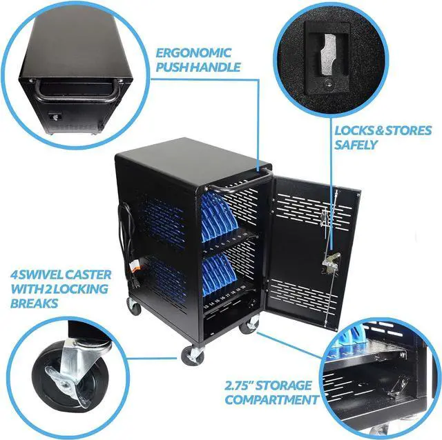 Alt view image 3 of 7 - Fully Assembled Charging Cart for 20 Tablets/Laptops up to 14'' Screensize and 1'' Thick - Includes Cable Management Dividers, Cable Clips, Storage Compartment, and Removable Doors (Black)