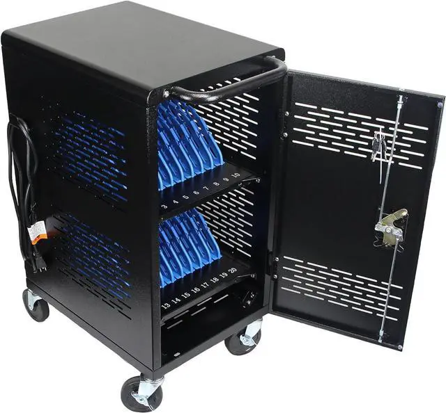 Alt view image 7 of 7 - Fully Assembled Charging Cart for 20 Tablets/Laptops up to 14'' Screensize and 1'' Thick - Includes Cable Management Dividers, Cable Clips, Storage Compartment, and Removable Doors (Black)