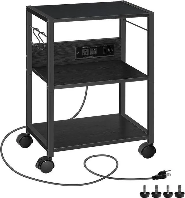 Main image of Printer Cart, 3-Tier Mobile Printer Stand, Rolling Cart with Power Outlets and USB Ports, Home Printer Stand with 2 Hooks, for Office, Living Room, Black PTHB40E01