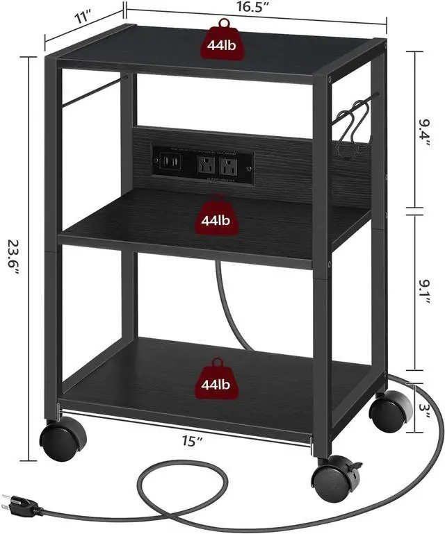 Alt view image 5 of 7 - Printer Cart, 3-Tier Mobile Printer Stand, Rolling Cart with Power Outlets and USB Ports, Home Printer Stand with 2 Hooks, for Office, Living Room, Black PTHB40E01