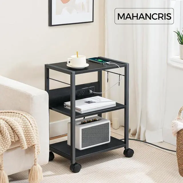 Alt view image 2 of 7 - Printer Cart, 3-Tier Mobile Printer Stand, Rolling Cart with Power Outlets and USB Ports, Home Printer Stand with 2 Hooks, for Office, Living Room, Black PTHB40E01