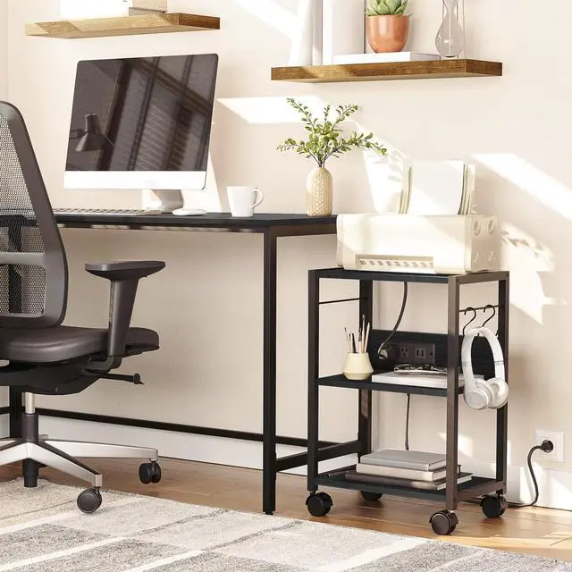 Alt view image 3 of 7 - Printer Cart, 3-Tier Mobile Printer Stand, Rolling Cart with Power Outlets and USB Ports, Home Printer Stand with 2 Hooks, for Office, Living Room, Black PTHB40E01