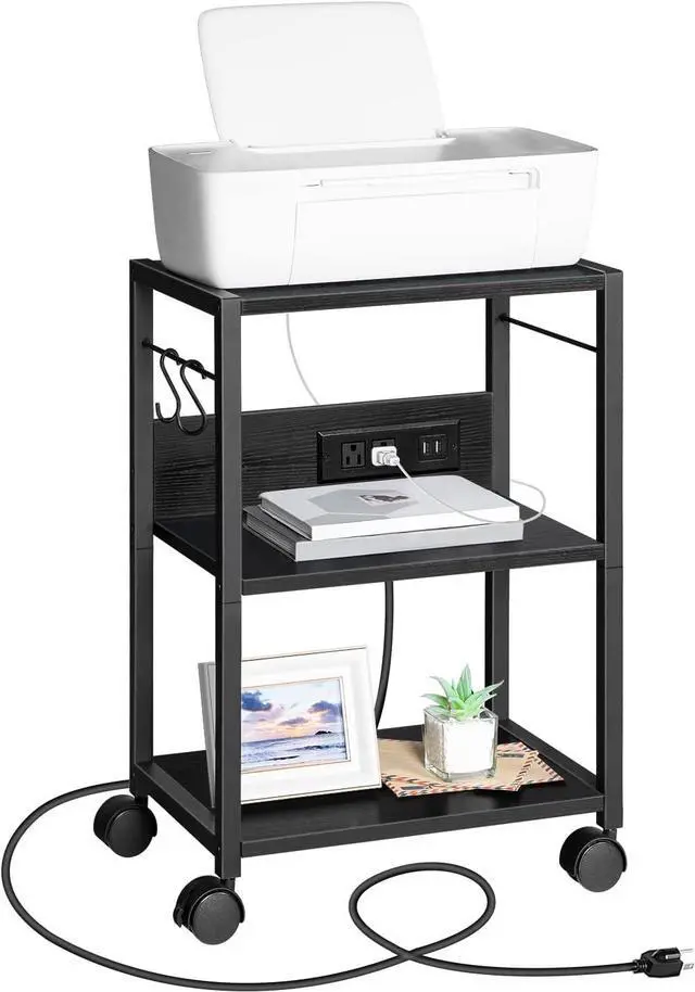 Alt view image 7 of 7 - Printer Cart, 3-Tier Mobile Printer Stand, Rolling Cart with Power Outlets and USB Ports, Home Printer Stand with 2 Hooks, for Office, Living Room, Black PTHB40E01