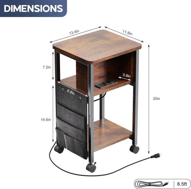 Alt view image 3 of 7 - Small End Table with Charger, Side Table on Wheels, Mobile Nightstand with USB Ports, Rustic Wood Sofa Side Table with Storage for Small Spaces, Living Room, Bedroom, Home Office