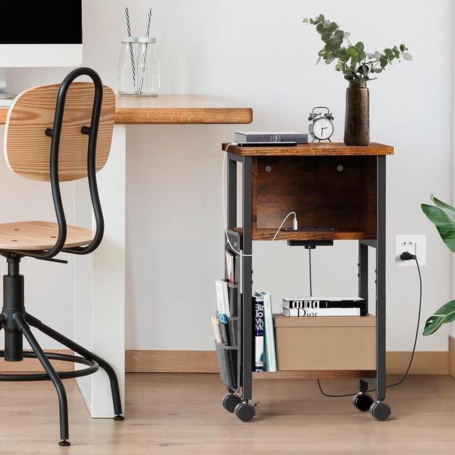 Alt view image 2 of 7 - Small End Table with Charger, Side Table on Wheels, Mobile Nightstand with USB Ports, Rustic Wood Sofa Side Table with Storage for Small Spaces, Living Room, Bedroom, Home Office
