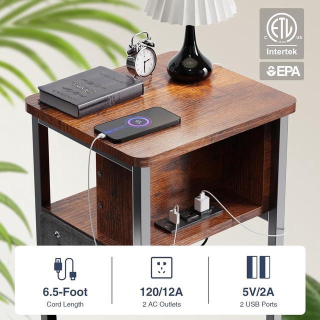Alt view image 5 of 7 - Small End Table with Charger, Side Table on Wheels, Mobile Nightstand with USB Ports, Rustic Wood Sofa Side Table with Storage for Small Spaces, Living Room, Bedroom, Home Office