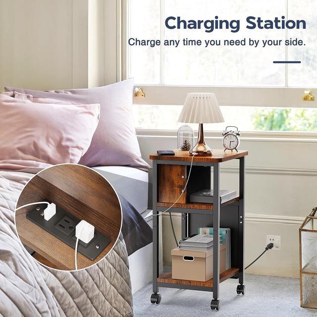 Alt view image 4 of 7 - Small End Table with Charger, Side Table on Wheels, Mobile Nightstand with USB Ports, Rustic Wood Sofa Side Table with Storage for Small Spaces, Living Room, Bedroom, Home Office