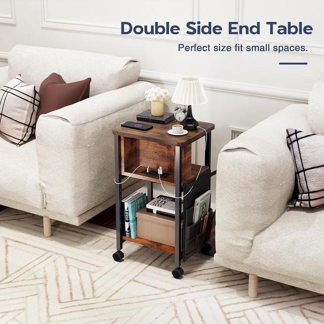 Alt view image 6 of 7 - Small End Table with Charger, Side Table on Wheels, Mobile Nightstand with USB Ports, Rustic Wood Sofa Side Table with Storage for Small Spaces, Living Room, Bedroom, Home Office