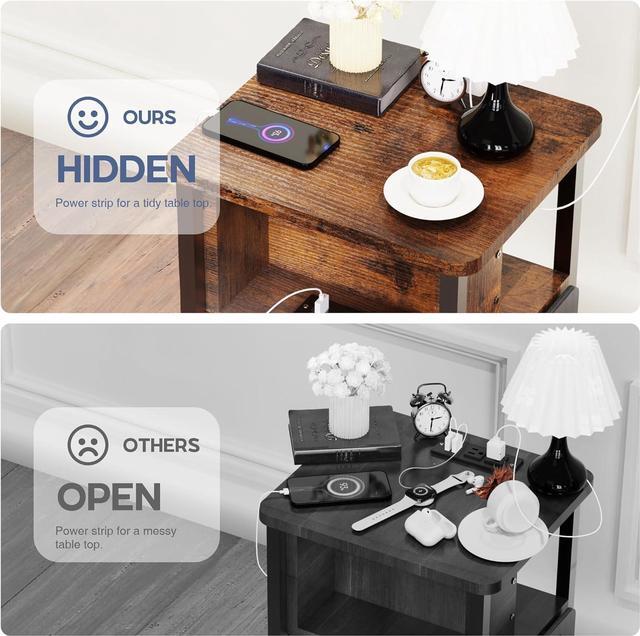 Alt view image 7 of 7 - Small End Table with Charger, Side Table on Wheels, Mobile Nightstand with USB Ports, Rustic Wood Sofa Side Table with Storage for Small Spaces, Living Room, Bedroom, Home Office