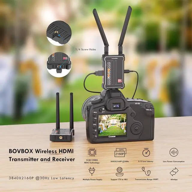 Alt view image 3 of 6 - Wireless HDMI Transmitter Receiver 4K:, 2.4/5.0GHz HDMI Wireless Extender for Streaming Video/Audio from DSLR/Camera/Projector/DVR/Laptop/PS5, 490FT (150M) Range 0.1S Low Latency