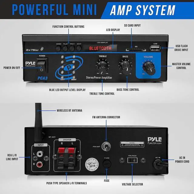 Alt view image 2 of 7 - Pyle Home Home Audio Power Amplifier System - 2X75W Mini Dual Channel Sound Stereo Receiver Box w/ LED - For Amplified Speakers, CD Player, Theater via 3.5mm RCA - For Studio, Home Use - Pyle PCA3