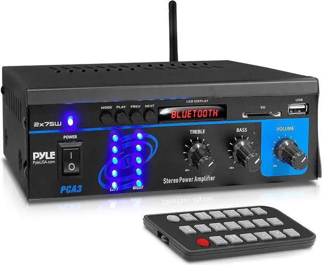 Main image of Pyle Home Home Audio Power Amplifier System - 2X75W Mini Dual Channel Sound Stereo Receiver Box w/ LED - For Amplified Speakers, CD Player, Theater via 3.5mm RCA - For Studio, Home Use - Pyle PCA3