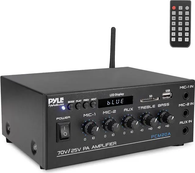 Main image of Pyle Compact Mini Home Power Amplifier - 40W Smart Small Audio Stereo Receiver w/AUX, 2 Microphone in, COM/8-Ohm/25V/70V Speakers, LED, Input Selector, for PA, Amplified Speaker Sound System PCM20A.5