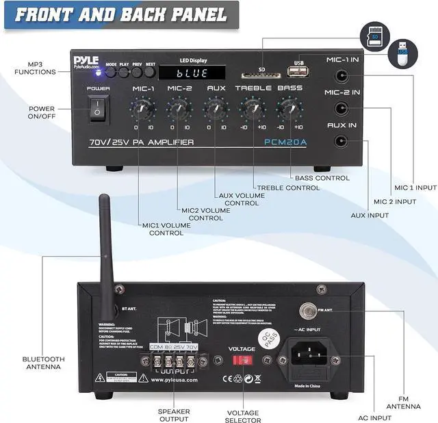 Alt view image 2 of 7 - Pyle Compact Mini Home Power Amplifier - 40W Smart Small Audio Stereo Receiver w/AUX, 2 Microphone in, COM/8-Ohm/25V/70V Speakers, LED, Input Selector, for PA, Amplified Speaker Sound System PCM20A.5