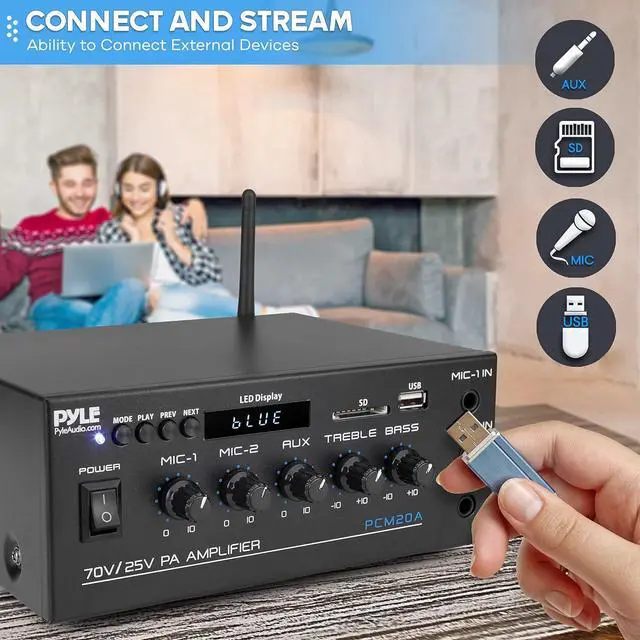 Alt view image 3 of 7 - Pyle Compact Mini Home Power Amplifier - 40W Smart Small Audio Stereo Receiver w/AUX, 2 Microphone in, COM/8-Ohm/25V/70V Speakers, LED, Input Selector, for PA, Amplified Speaker Sound System PCM20A.5