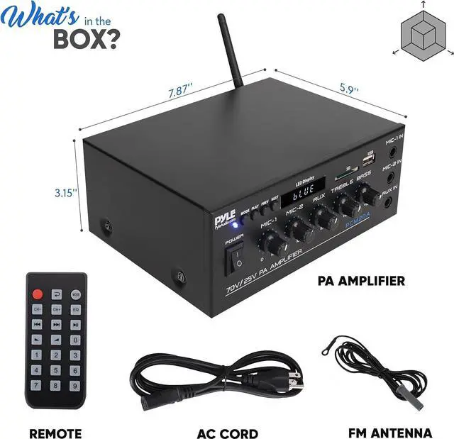 Alt view image 7 of 7 - Pyle Compact Mini Home Power Amplifier - 40W Smart Small Audio Stereo Receiver w/AUX, 2 Microphone in, COM/8-Ohm/25V/70V Speakers, LED, Input Selector, for PA, Amplified Speaker Sound System PCM20A.5