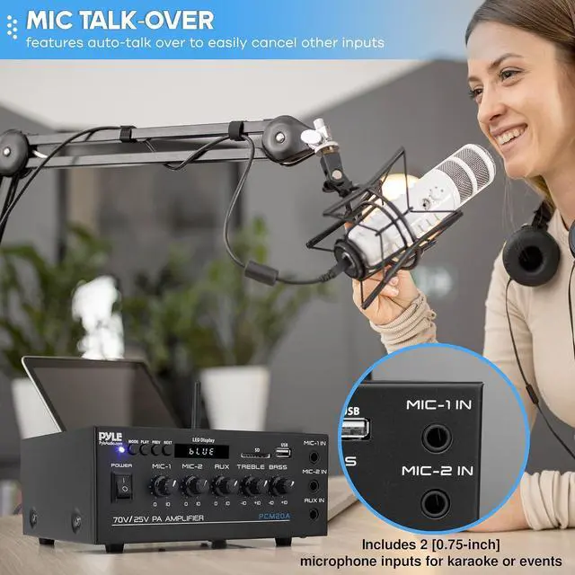Alt view image 5 of 7 - Pyle Compact Mini Home Power Amplifier - 40W Smart Small Audio Stereo Receiver w/AUX, 2 Microphone in, COM/8-Ohm/25V/70V Speakers, LED, Input Selector, for PA, Amplified Speaker Sound System PCM20A.5